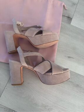 Stuart Weitzman Blush Suede Platform Block Heel Sandals